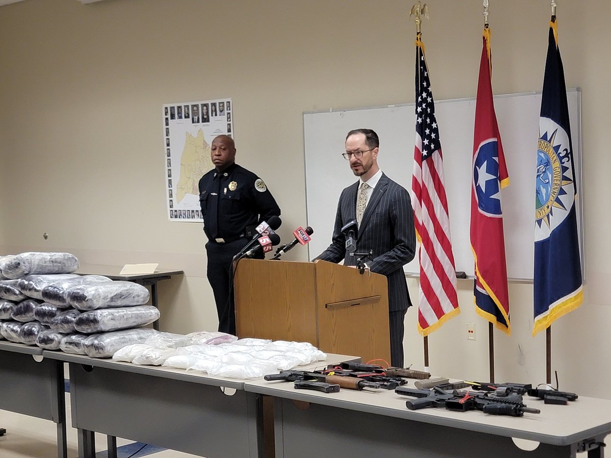 Chief Drake, @TBInvestigation Asst Dir Darryl Richardson & @freddieoconnell today announced the largest meth investigation ever in Nashville. More than 800 lbs of meth & 24 lbs of fentanyl seized. 13 persons indicted, including the California source