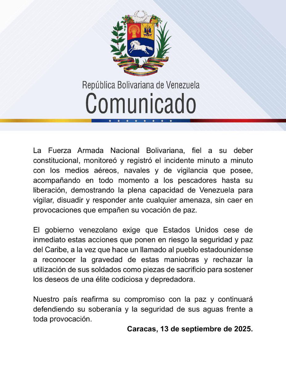 Venezuela denounces the attack on a tuna boat in territorial waters from one of the destroyer ships the US maintains in the Caribbean.