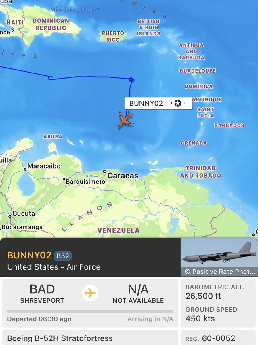 The B-52H Stratofortress Long-Range Strategic Bombers seen flying earlier over the Caribbean Sea, are now heading south in the direction of Venezuela