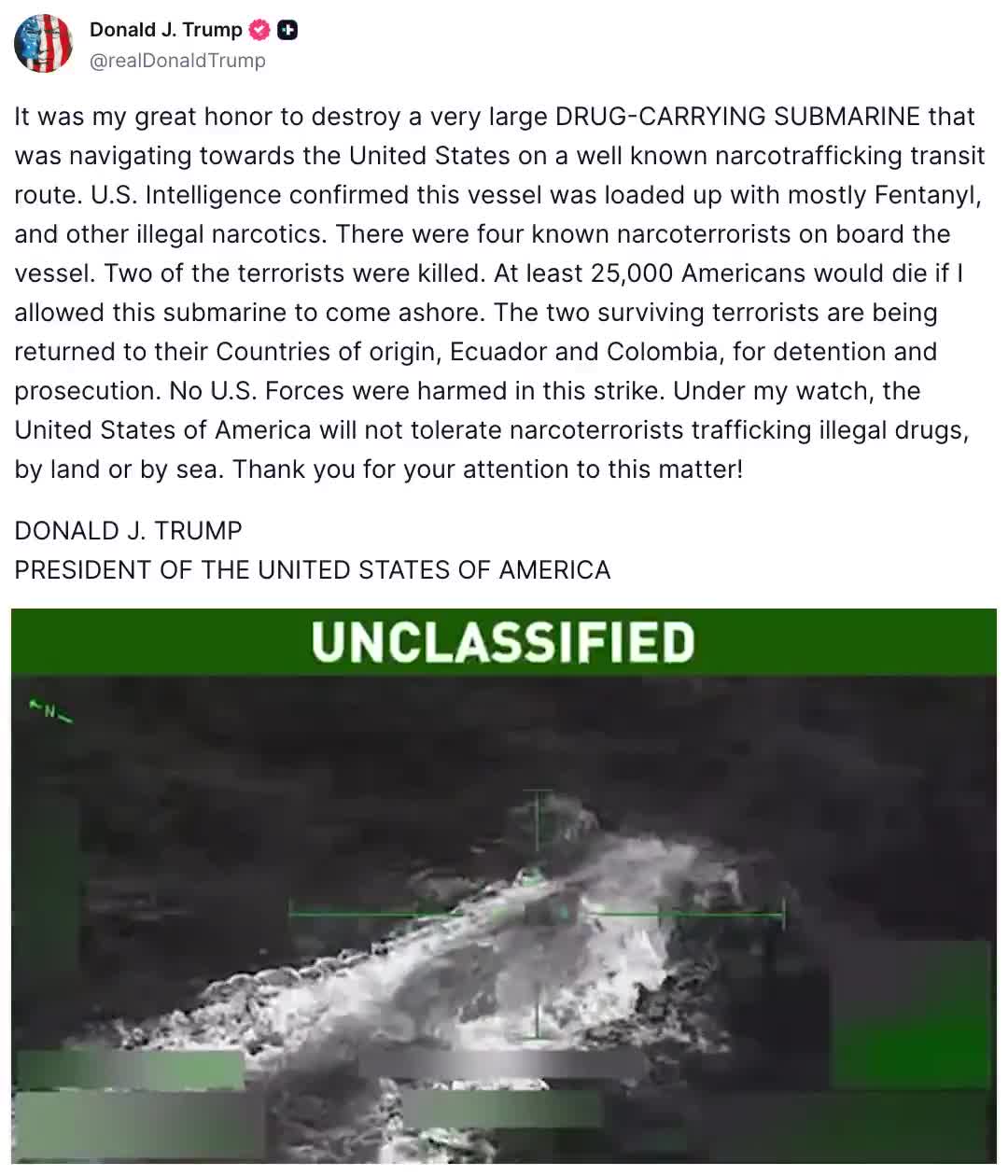 Donald Trump shares video of the bombing of the drug-laden submarine