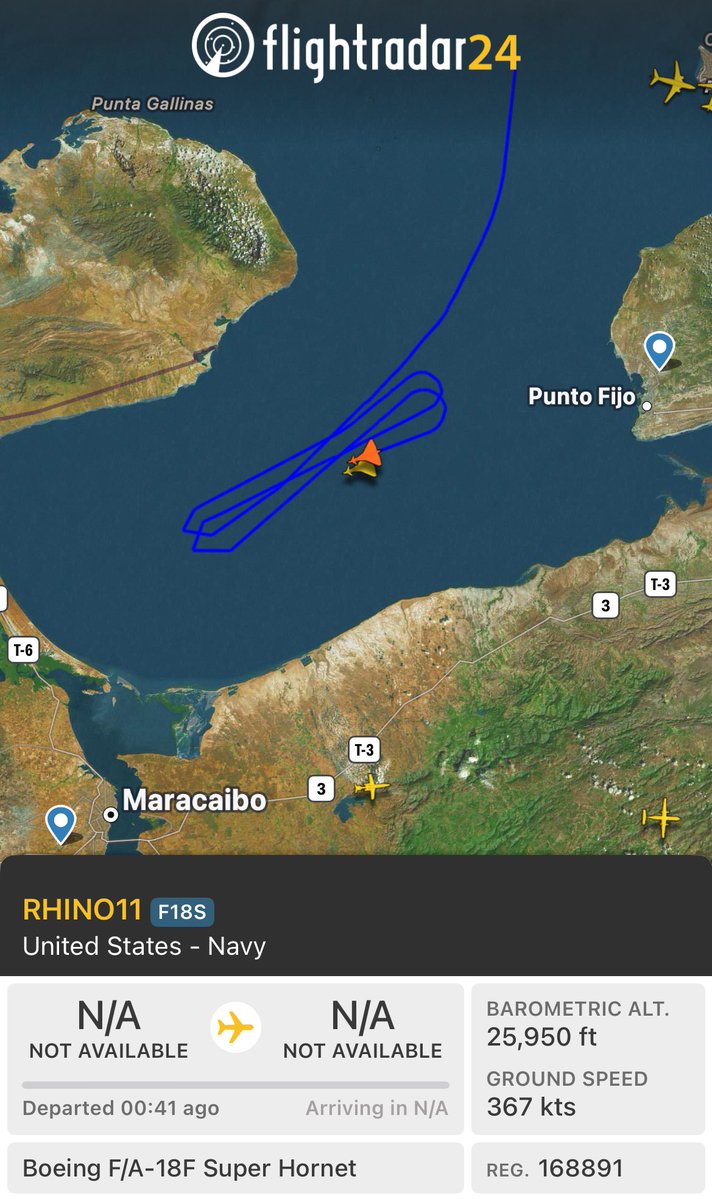 2 US Navy F-18 jets are currently circling between Punto Fijo and Maracaibo nVenezuela